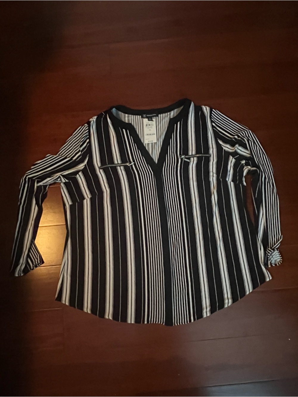 Women's Black & White Vertical Stripe V-Neck Blouse